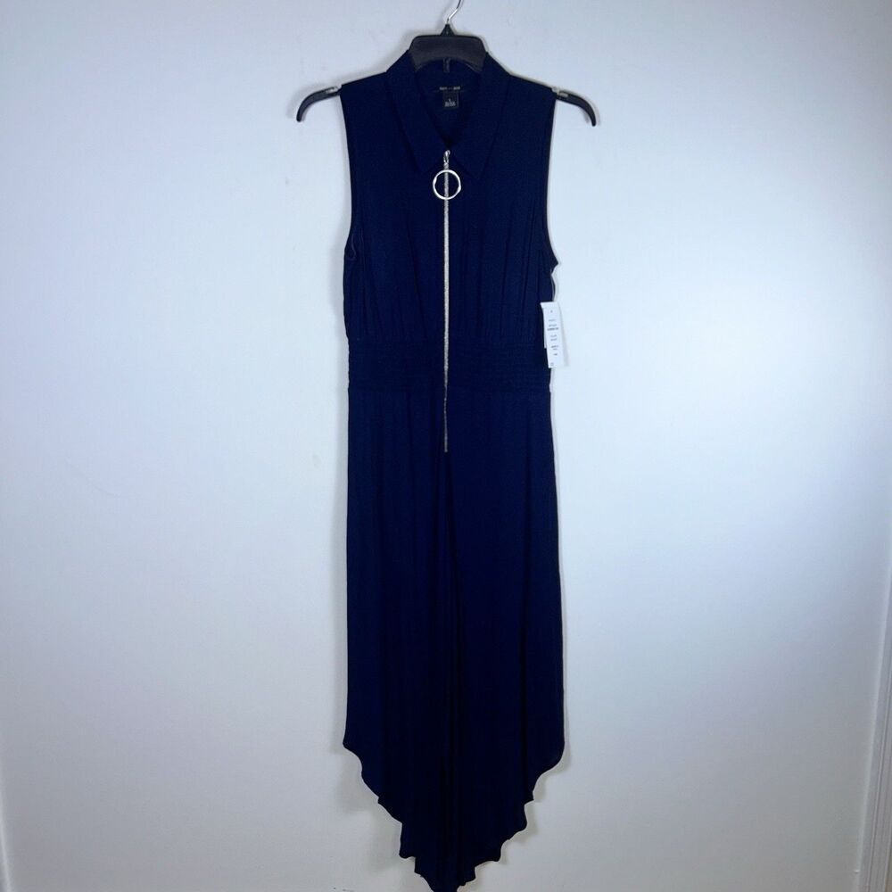 Sam & Jess Jumpsuit Womens L Navy Sleeveless Zip Front Wide Leg Elastic NWT
